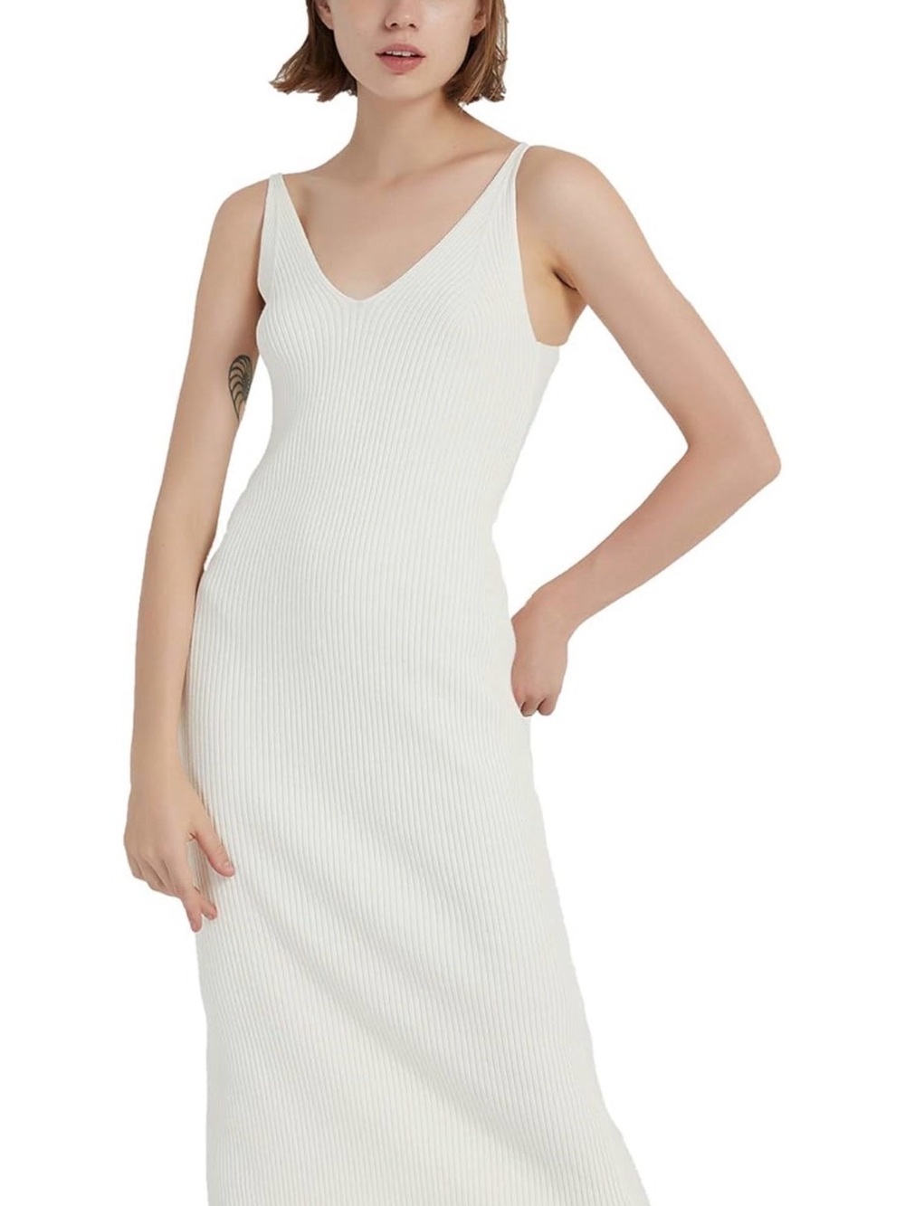 Sleeveless V-Neck Ribbed Midi Dress in Cream